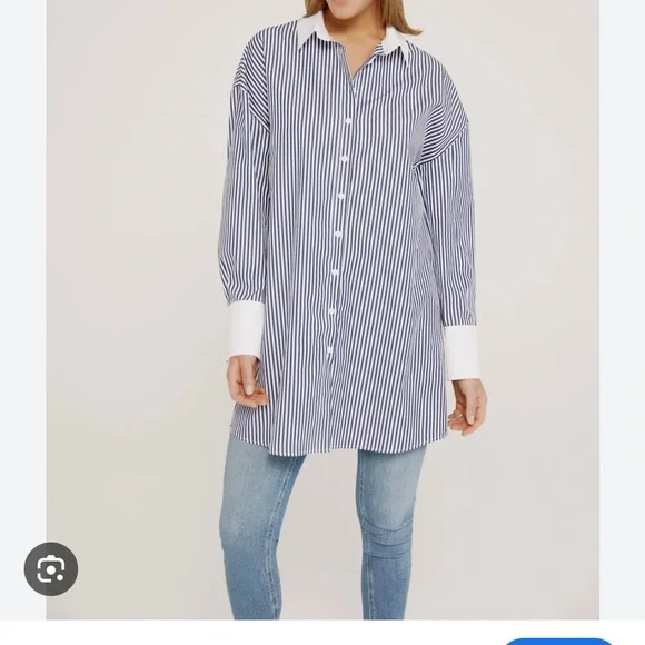 HARSHMAN Justine Stripe Cotton Tunic Dress In Navy Stripes 2X - Picture 1 of 3